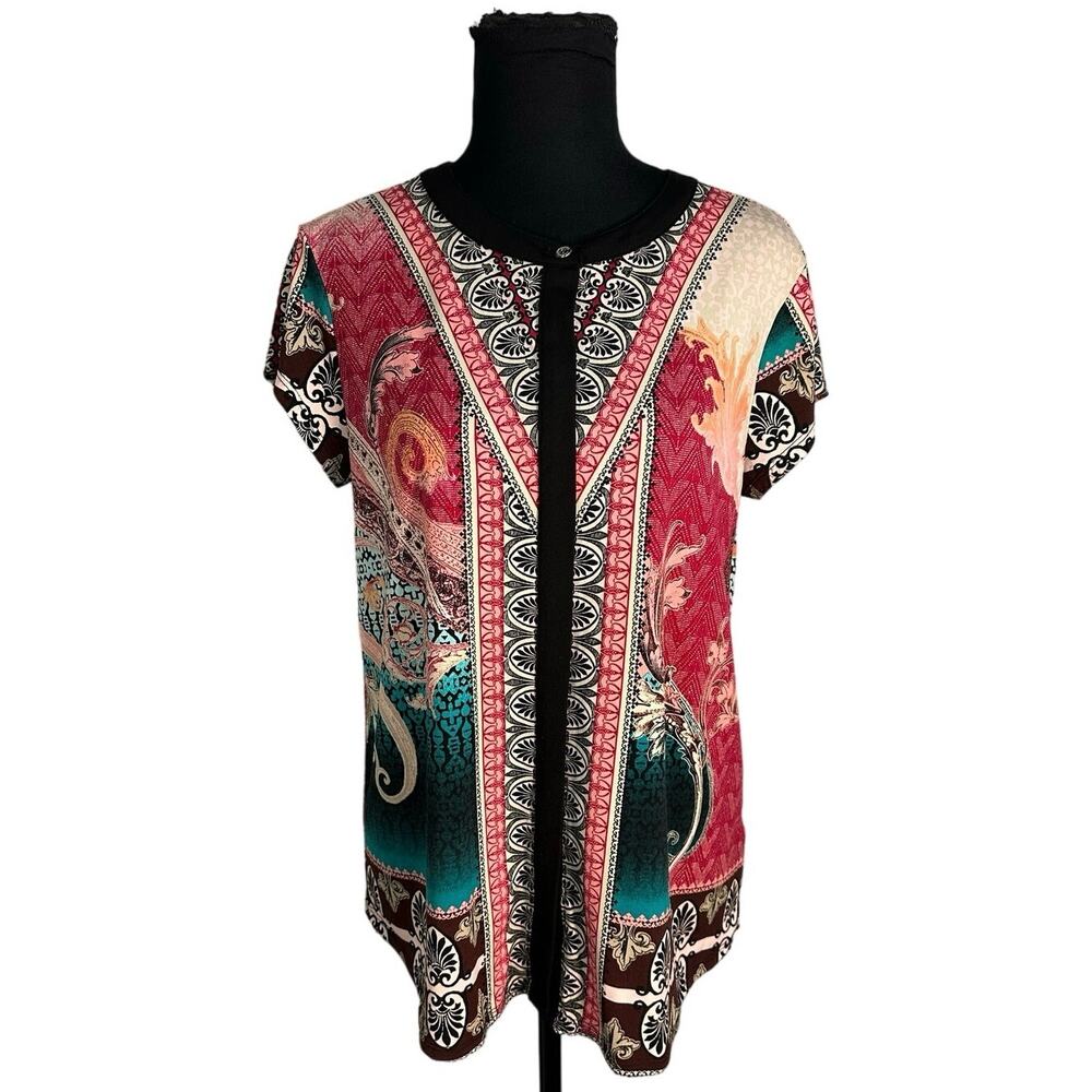 Dana Buchman Colorful Abstract Print Crew Neck Easy Care Career Blouse Size M